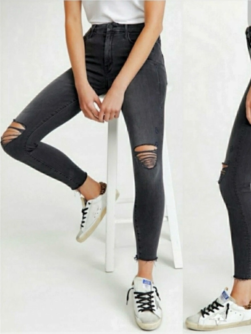 Women’s Mother Denim Looker Ankle Fray Jeans in Guilty as Sin Distressed Black